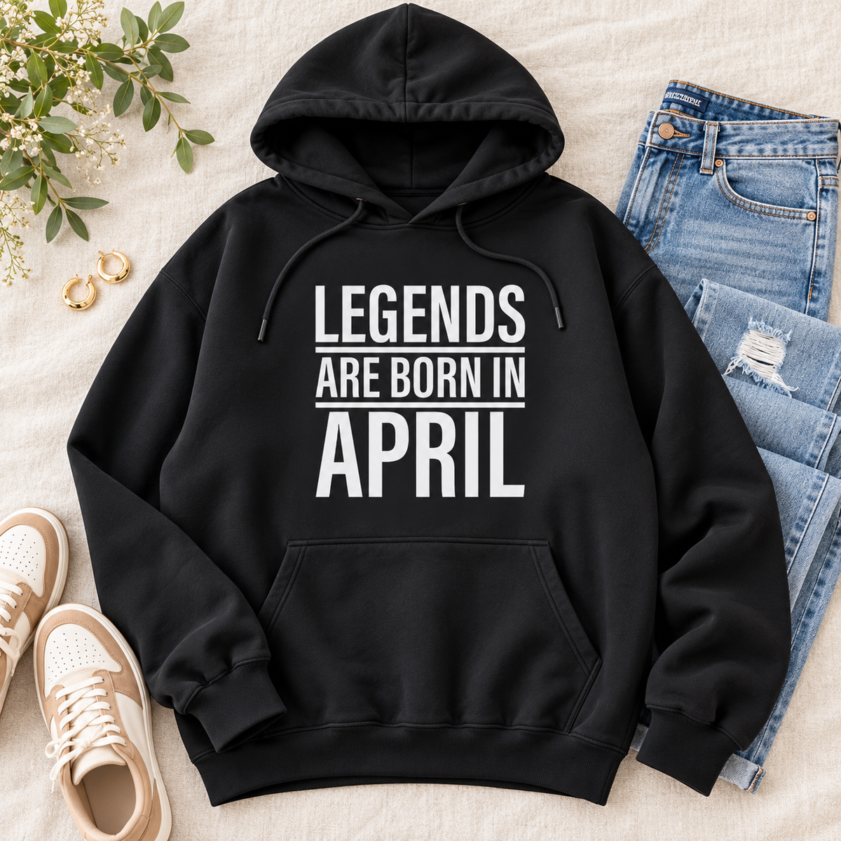 Legends Are Born in April Sweater in a styled lifestyle flat lay