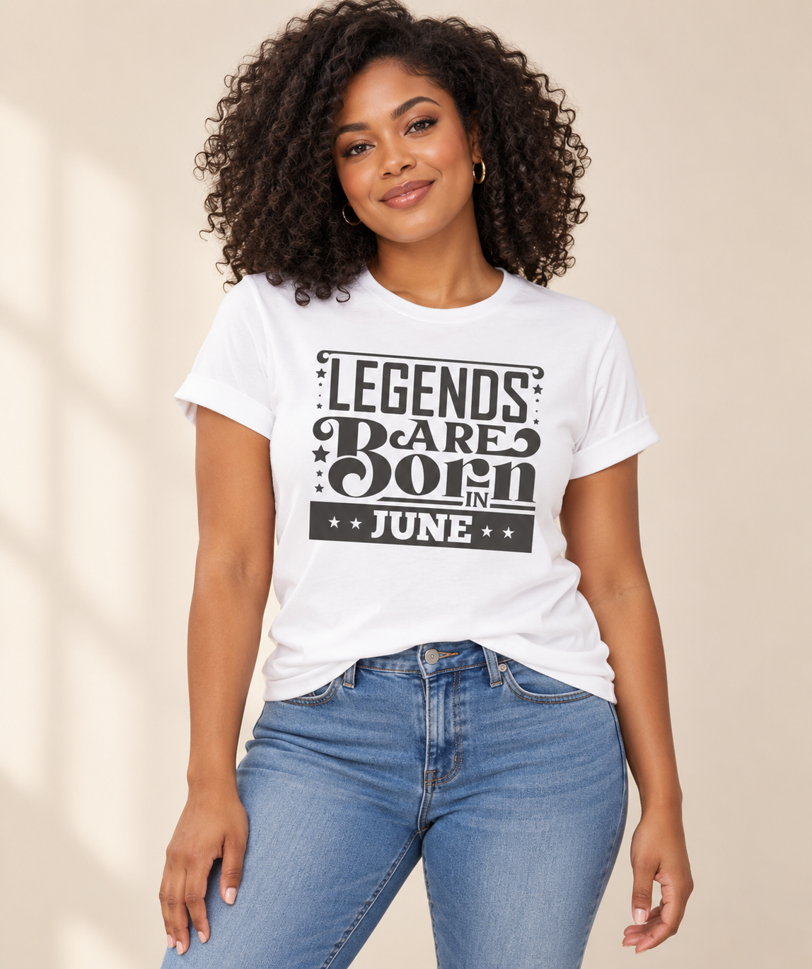 Model wearing a white Legends Are Born in June graphic tee
