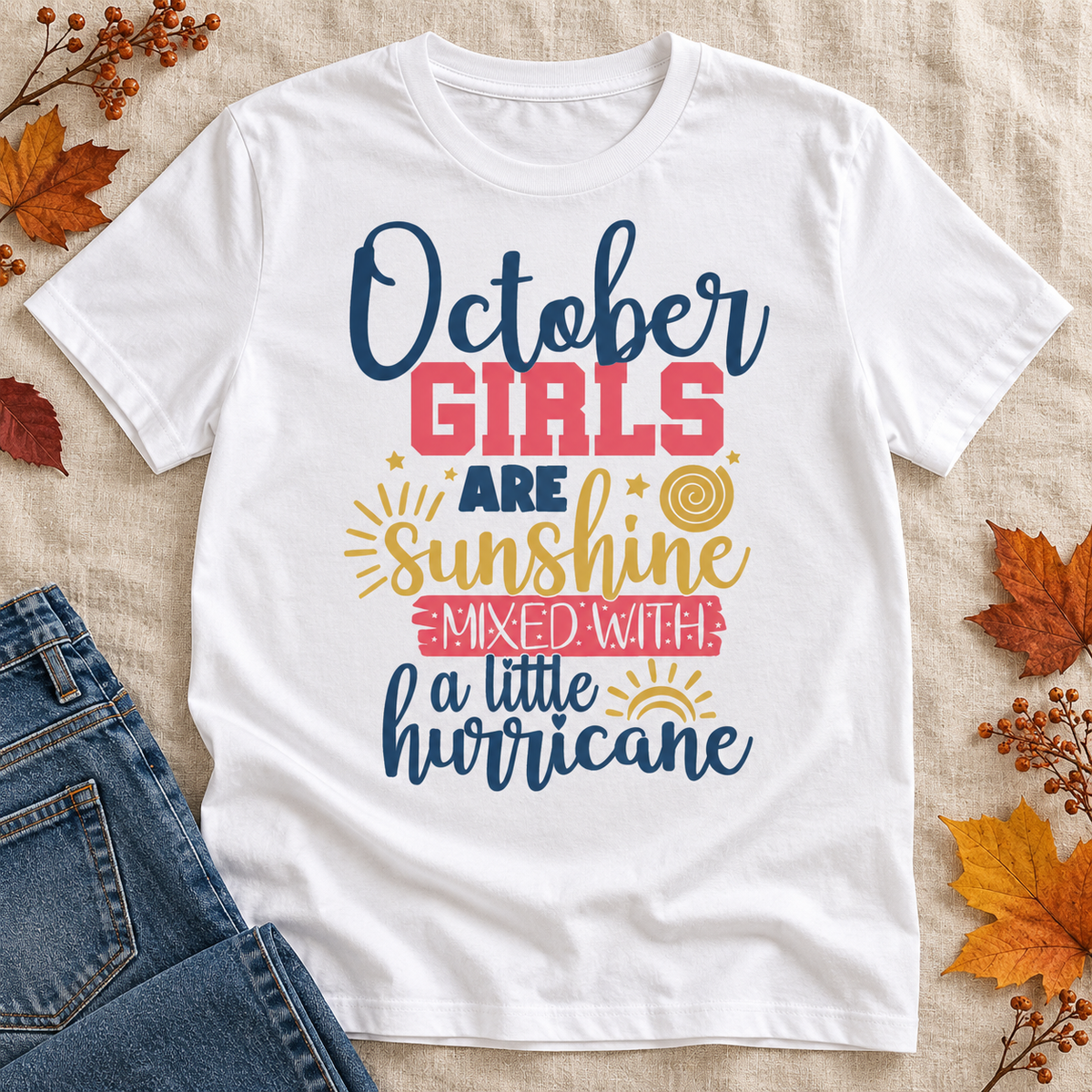 October Girls Sunshine & Hurricane Tee – Multicolor — styled tee flat lay