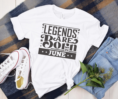 White Legends Are Born in June tee in a styled flat lay