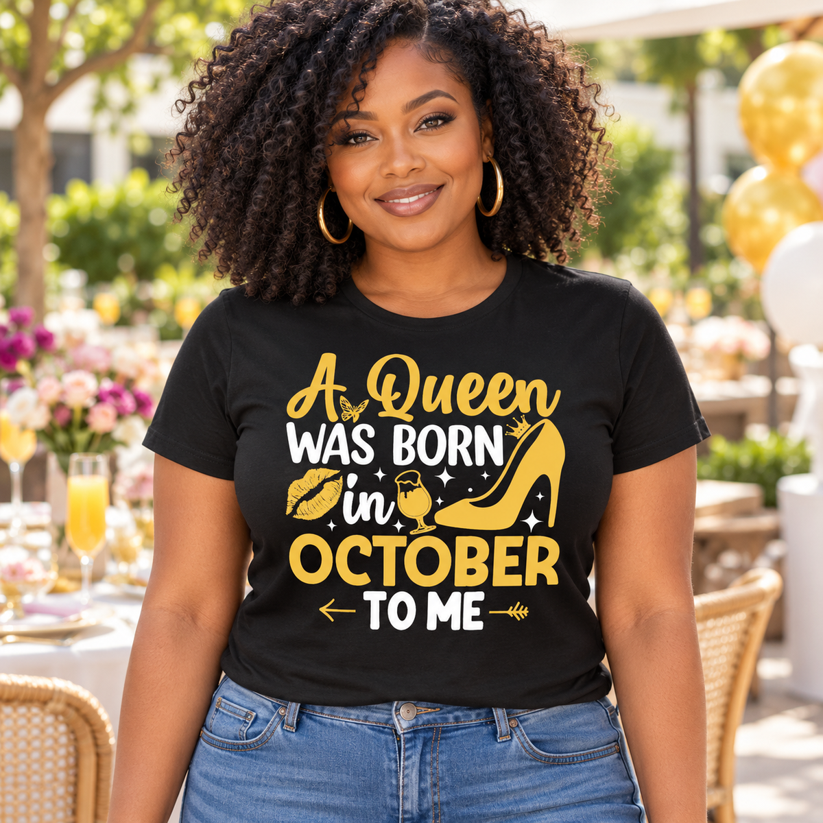 A Queen Was Born in October Tee – Gold Glam
