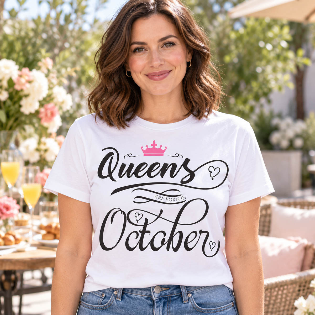 Queens Are Born in October Tee – Pink Crown