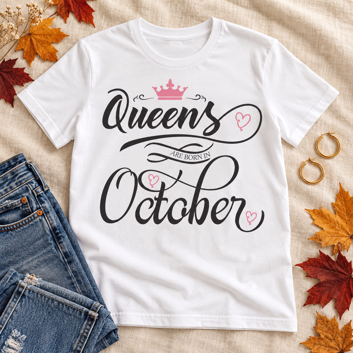 Queens Are Born in October Tee – Pink Crown