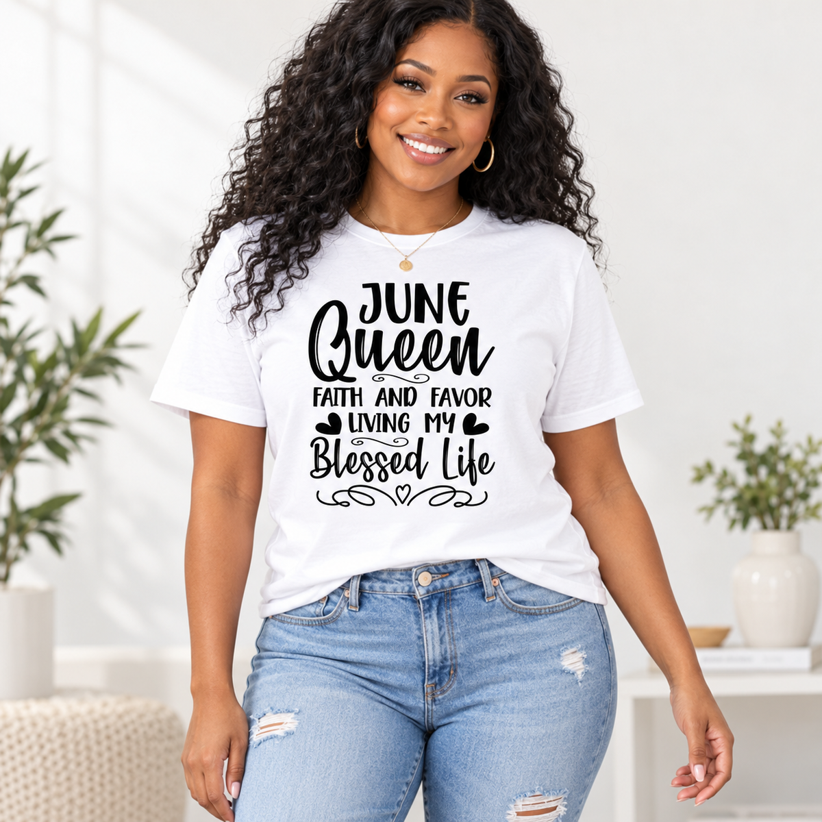 Black woman wearing June Queen – Faith & Favor – Living My Blessed Life Tee