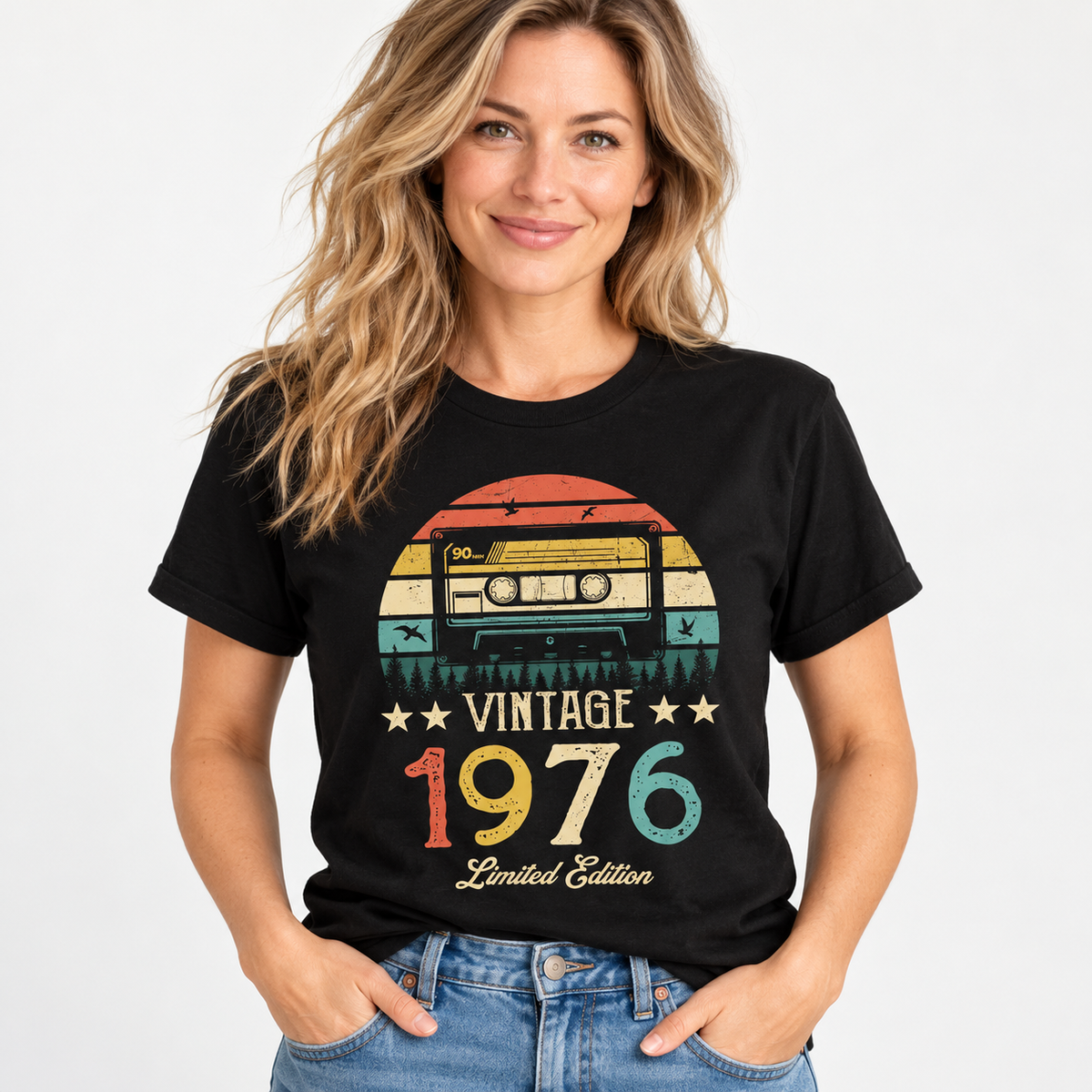 White woman wearing Vintage 1976 Cassette Tee