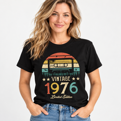 White woman wearing Vintage 1976 Cassette Tee