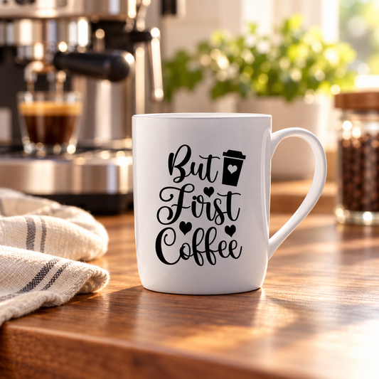 But First Coffee Mug in a styled lifestyle setting