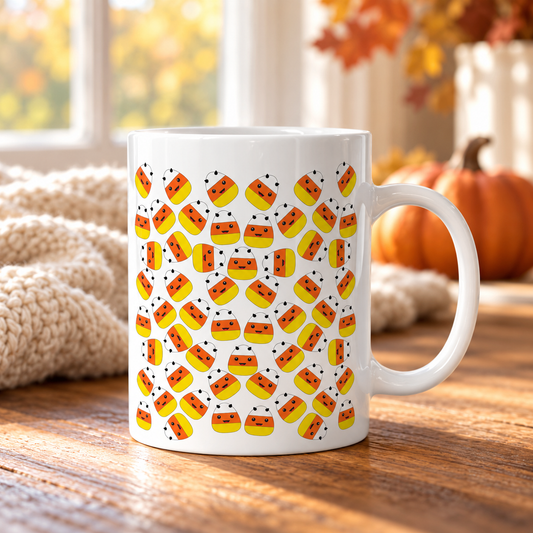 Candy corn mug on a wooden table beside an autumn window