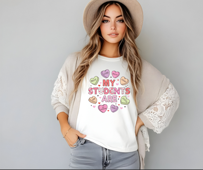 My Students Are Candy Hearts Tee — white model