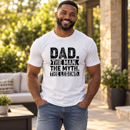 Black male model wearing the white Dad. The Man. The Myth. The Legend. Tee