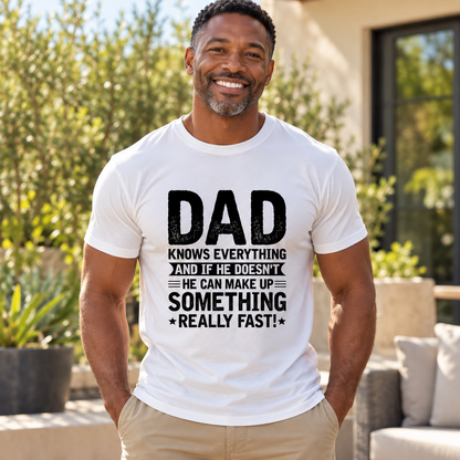 Black male model wearing the white Dad Knows Everything Tee