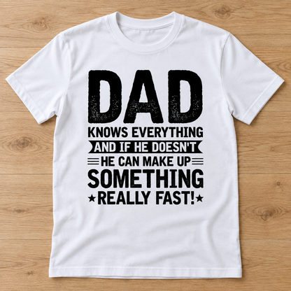 White Dad Knows Everything Tee laid flat on light wood