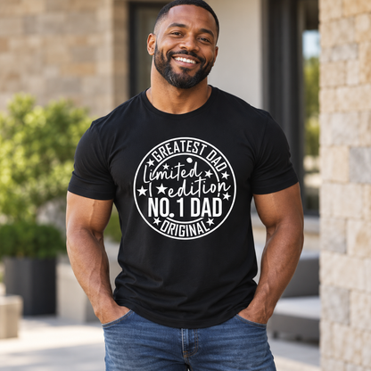 Black male model wearing the black Limited Edition Greatest Dad Tee