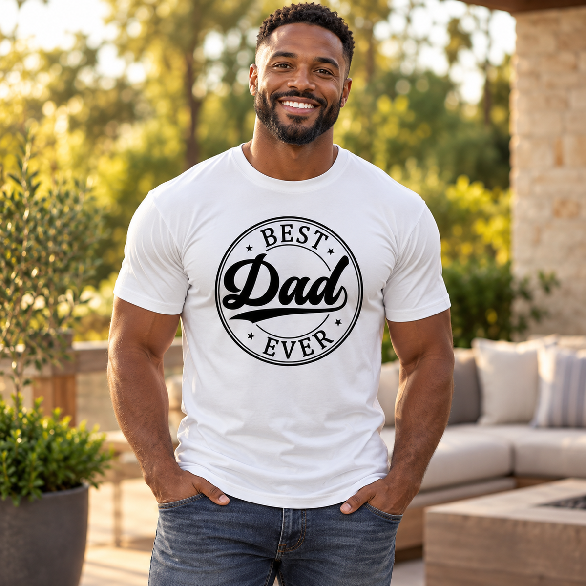 Black male model wearing the white Best Dad Ever Tee