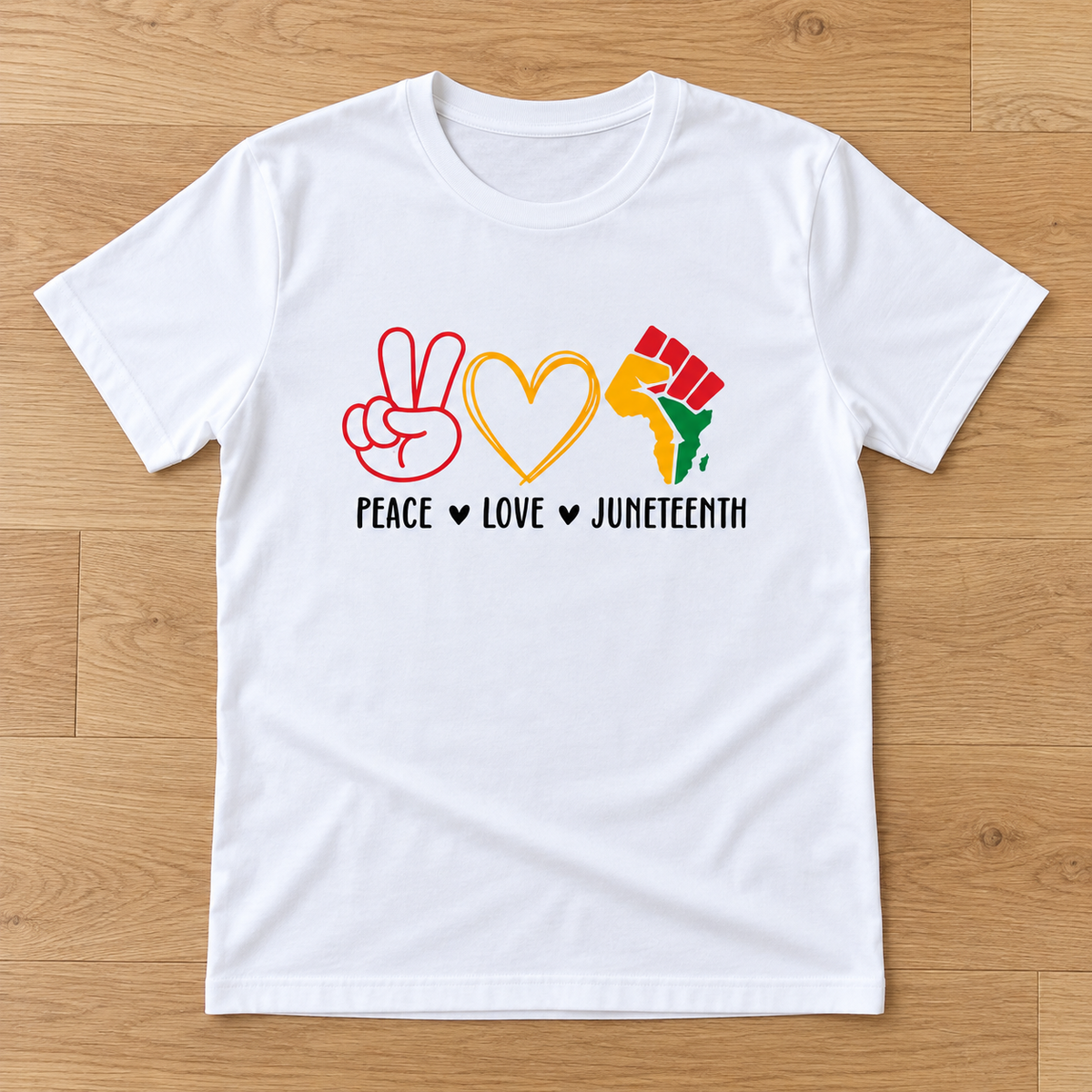 White Peace Love Juneteenth — Symbols Tee laid flat on light wood