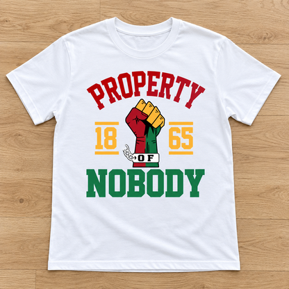 White Property of Nobody Since 1865 Tee laid flat on light wood