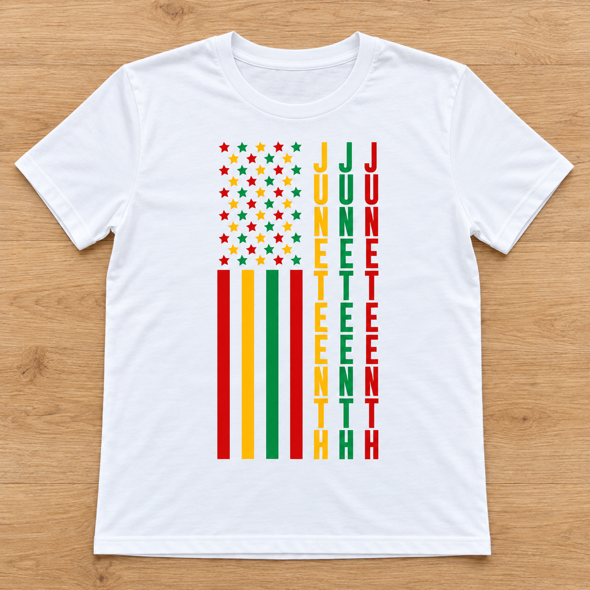 White Juneteenth Stars & Stripes Tee laid flat on light wood