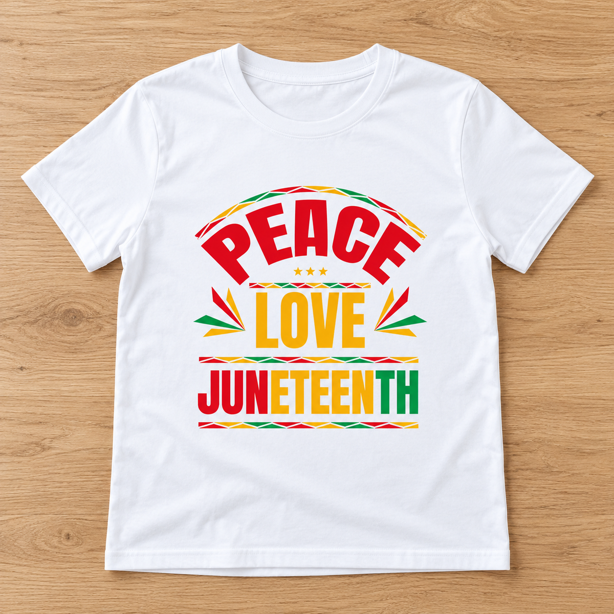 White Peace Love Juneteenth — Bold Typography Tee laid flat on light wood