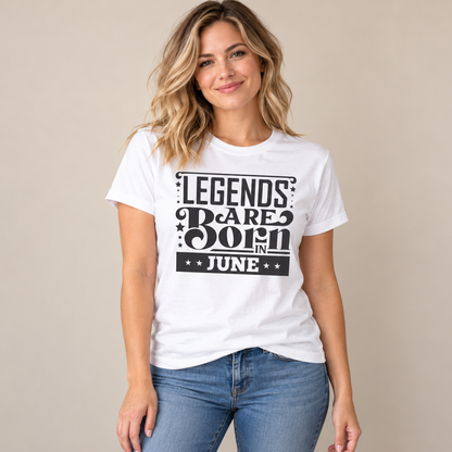 Model wearing a white Legends Are Born in June graphic tee