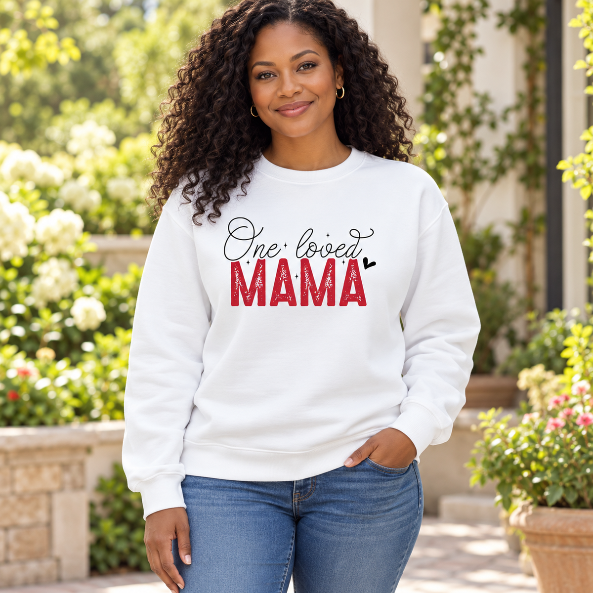 One Loved Mama Crewneck Sweatshirt — Black woman wearing the garment
