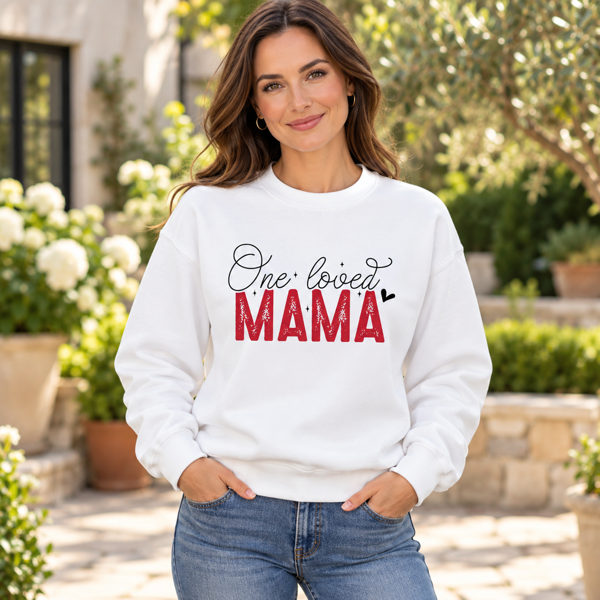 One Loved Mama Crewneck Sweatshirt — white woman wearing the garment