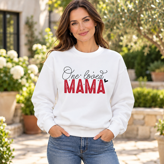 One Loved Mama Crewneck Sweatshirt — white woman wearing the garment