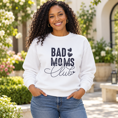 Bad Moms Club Crewneck Sweatshirt — Black woman wearing the garment