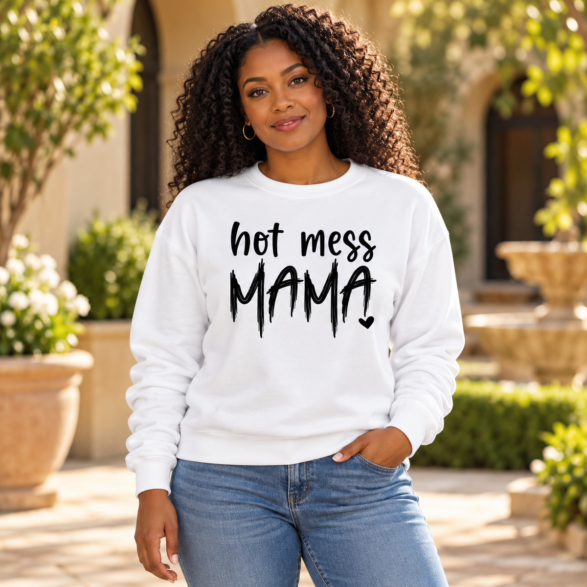 Hot Mess Mama Crewneck Sweatshirt — Black woman wearing the garment