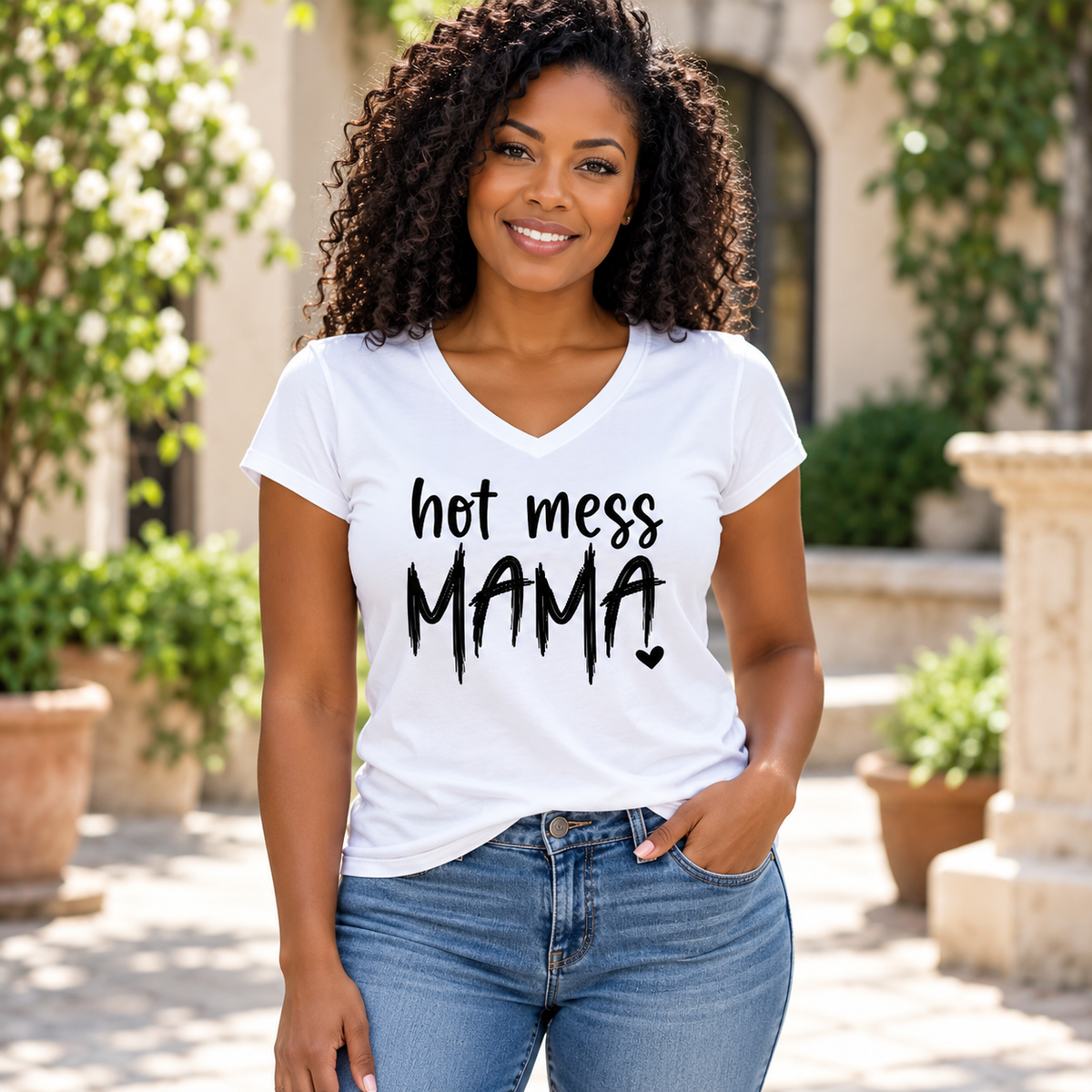 Hot Mess Mama Tee — Black woman wearing the garment
