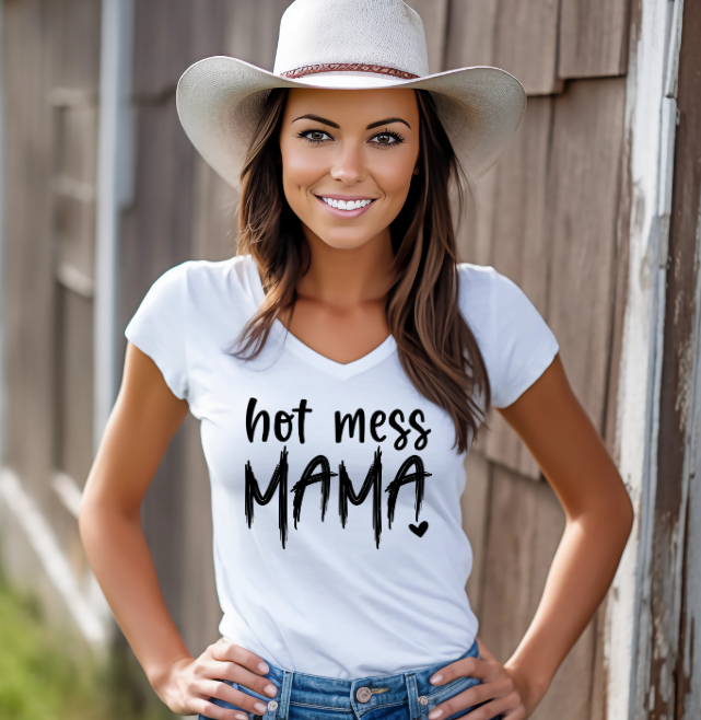 Hot Mess Mama Tee — white woman wearing the garment