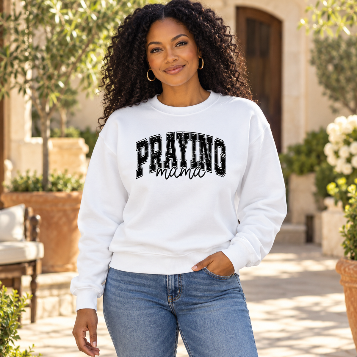 Praying Mama Crewneck Sweatshirt — Black woman wearing the garment