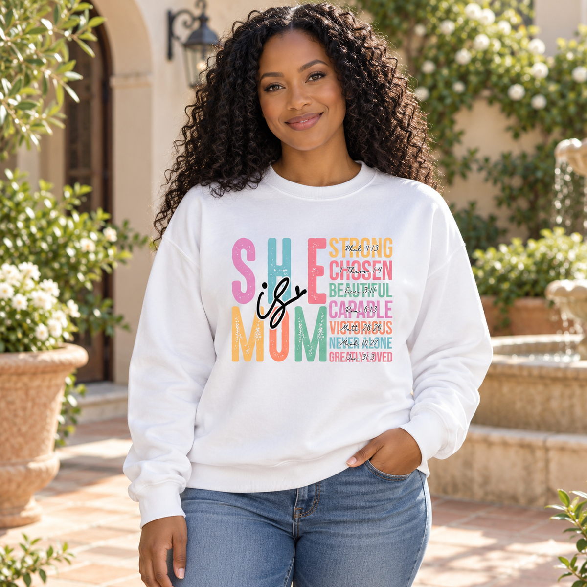 She Is Mom Crewneck Sweatshirt — Black woman wearing the garment
