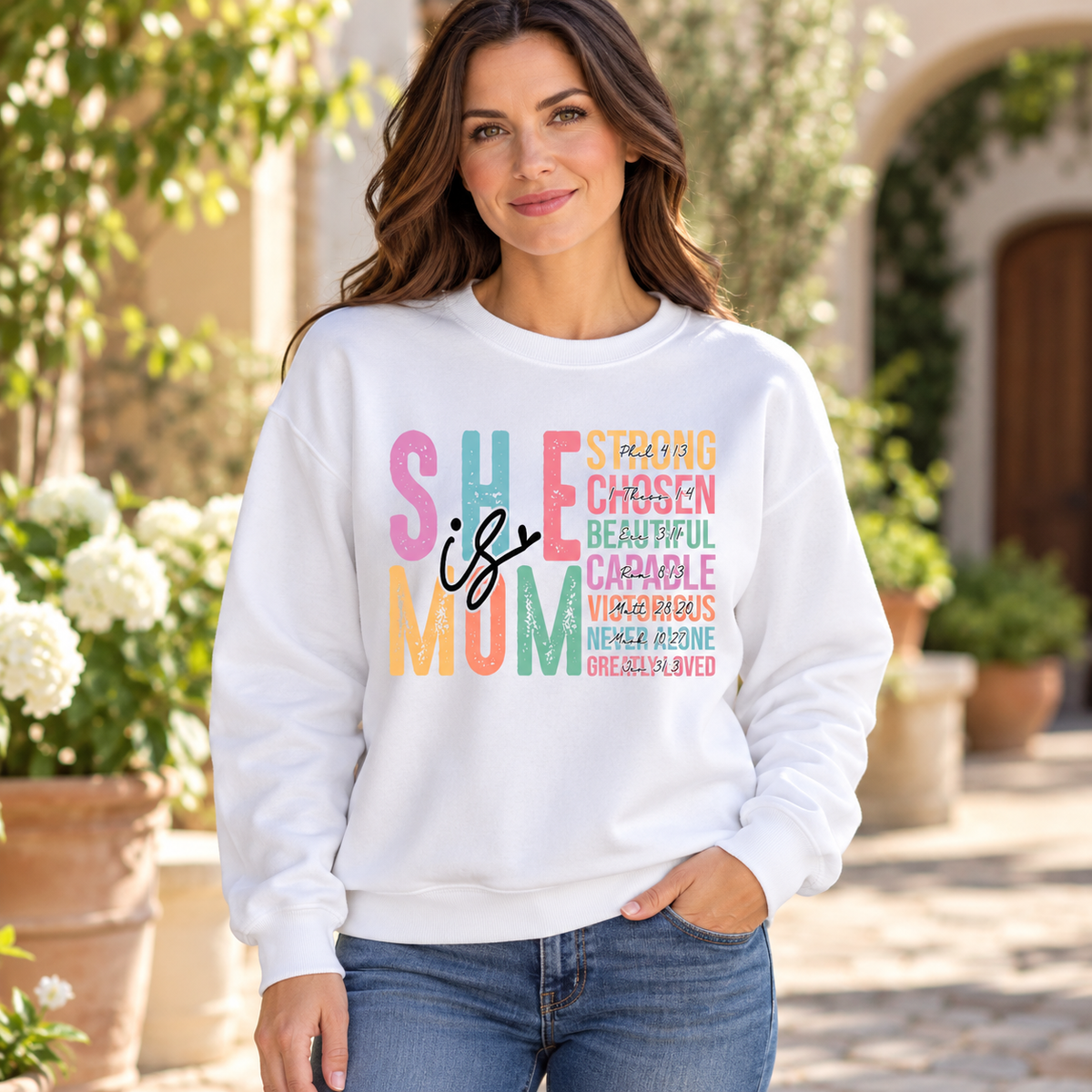 She Is Mom Crewneck Sweatshirt — white woman wearing the garment