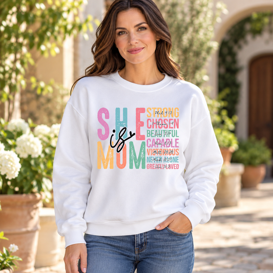 She Is Mom Crewneck Sweatshirt — white woman wearing the garment