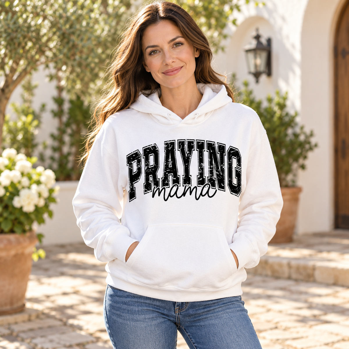 Praying Mama Hoodie — white woman wearing the garment