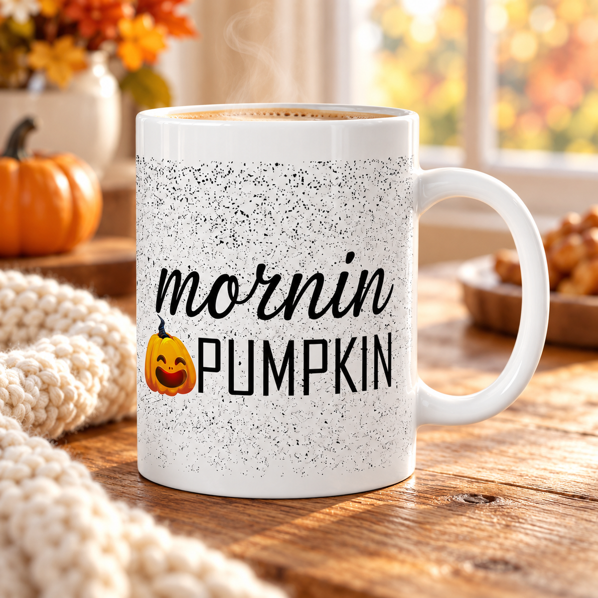 Mornin Pumpkin mug on a wooden table in a cozy autumn setting