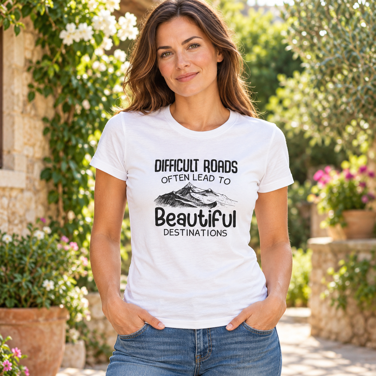 Difficult Roads Often Lead to Beautiful Destinations Women's Tee — white woman wearing the tee