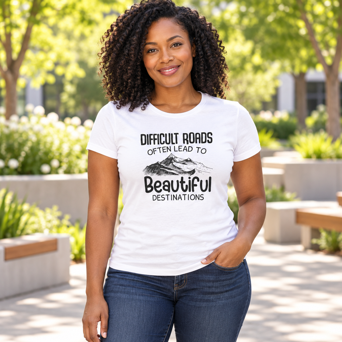 Difficult Roads Often Lead to Beautiful Destinations Women's Tee — Black woman wearing the tee