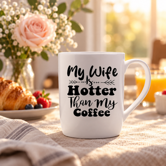 My Wife Is Hotter Than My Coffee Mug in a styled lifestyle setting