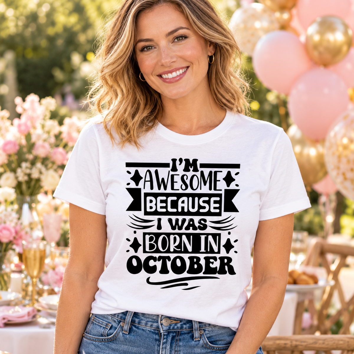 I’m Awesome Because I Was Born in October Tee — white woman wearing the tee