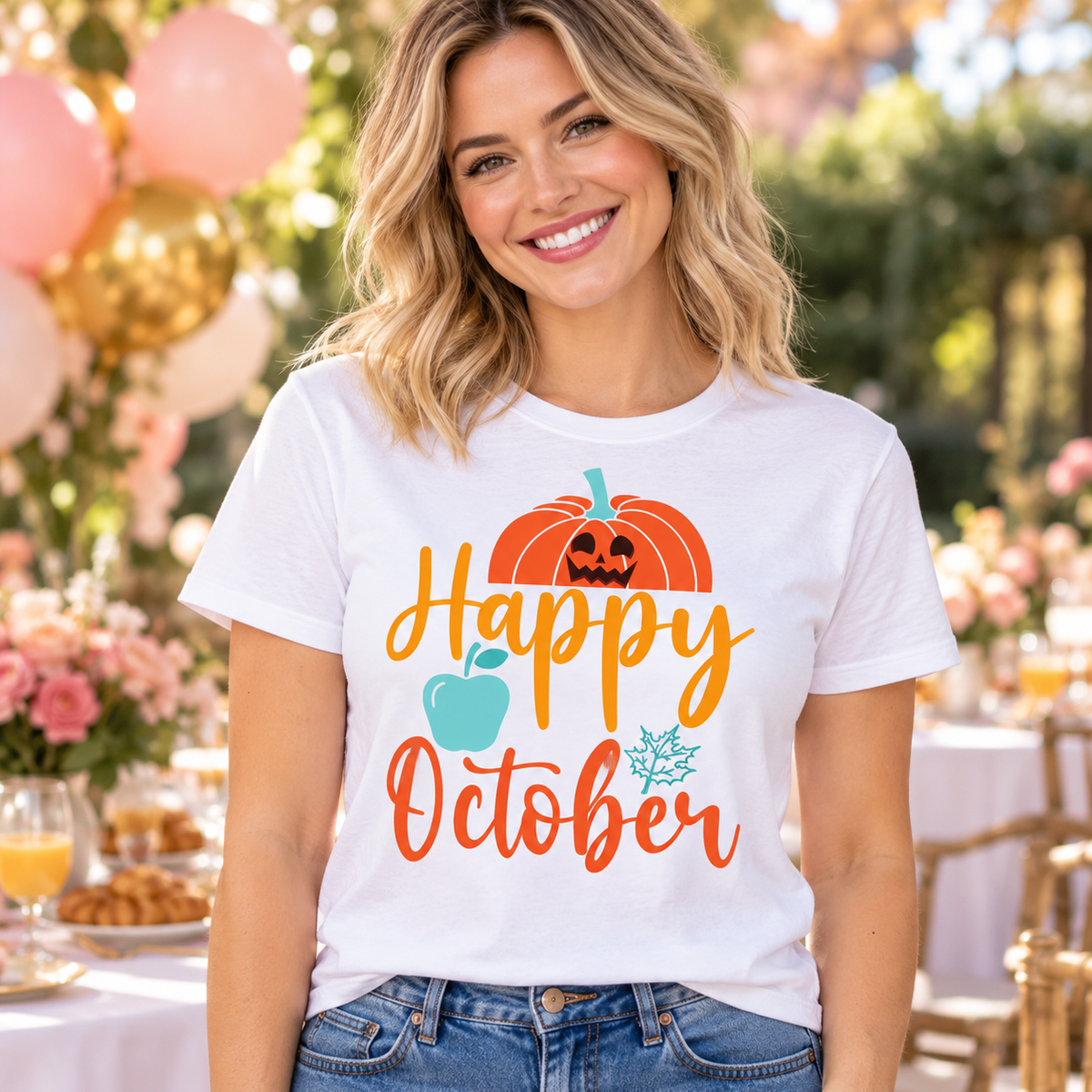 Happy October Tee — white woman wearing the tee