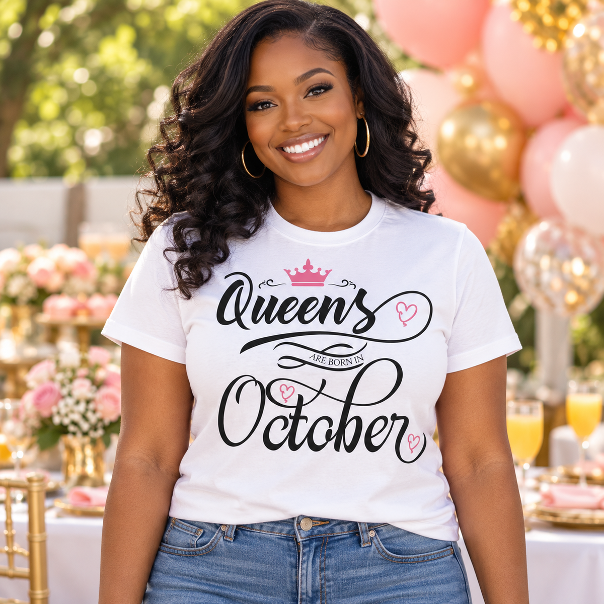 Queens Are Born in October Tee – Pink Crown — Black woman wearing the tee