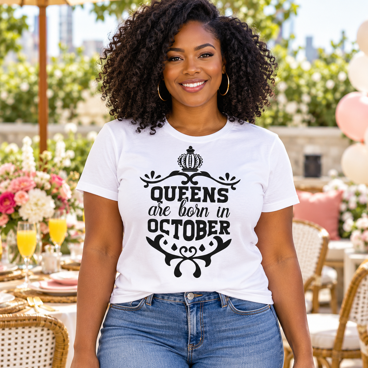 Queens Are Born in October Tee – Ornate Crown on a white tee, worn by a Black woman