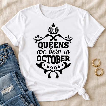 Queens Are Born in October Tee – Ornate Crown on a white tee, styled flat lay