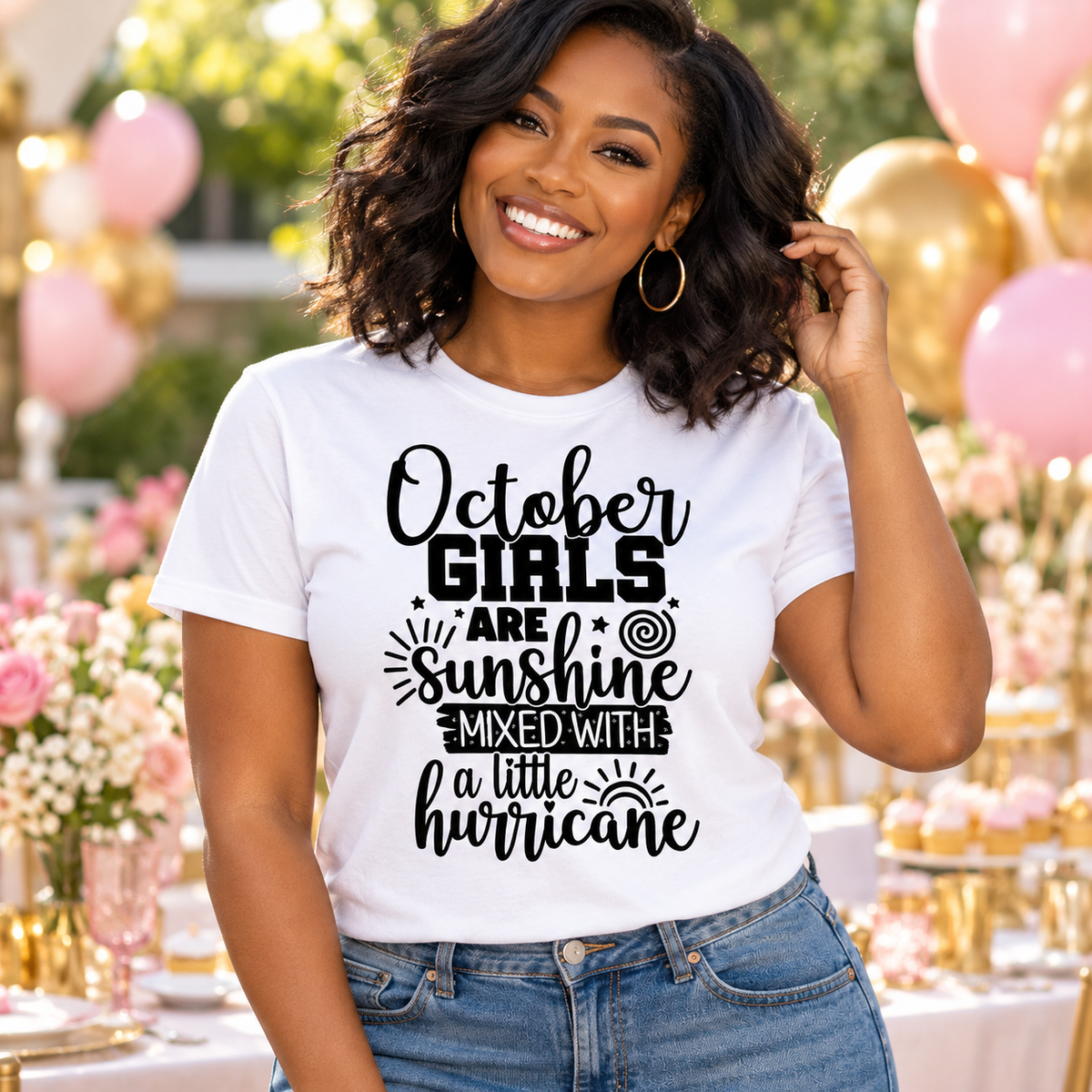 October Girls Sunshine & Hurricane Tee – Black Lettering — Black woman wearing the tee