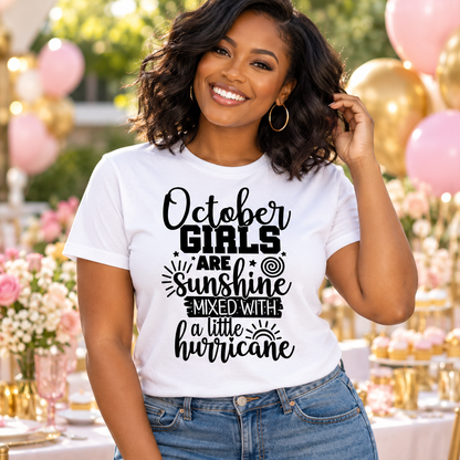 October Girls Sunshine & Hurricane Tee – Black Lettering — Black woman wearing the tee