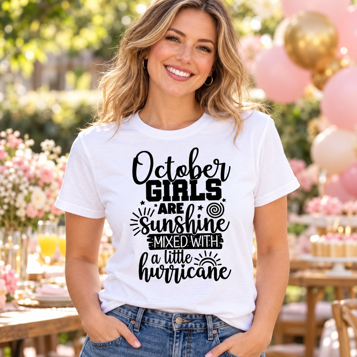 October Girls Sunshine & Hurricane Tee – Black Lettering — white woman wearing the tee