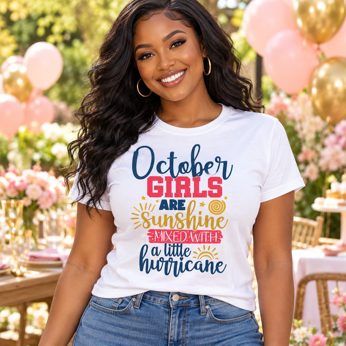 October Girls Sunshine & Hurricane Tee – Multicolor — Black woman wearing the tee
