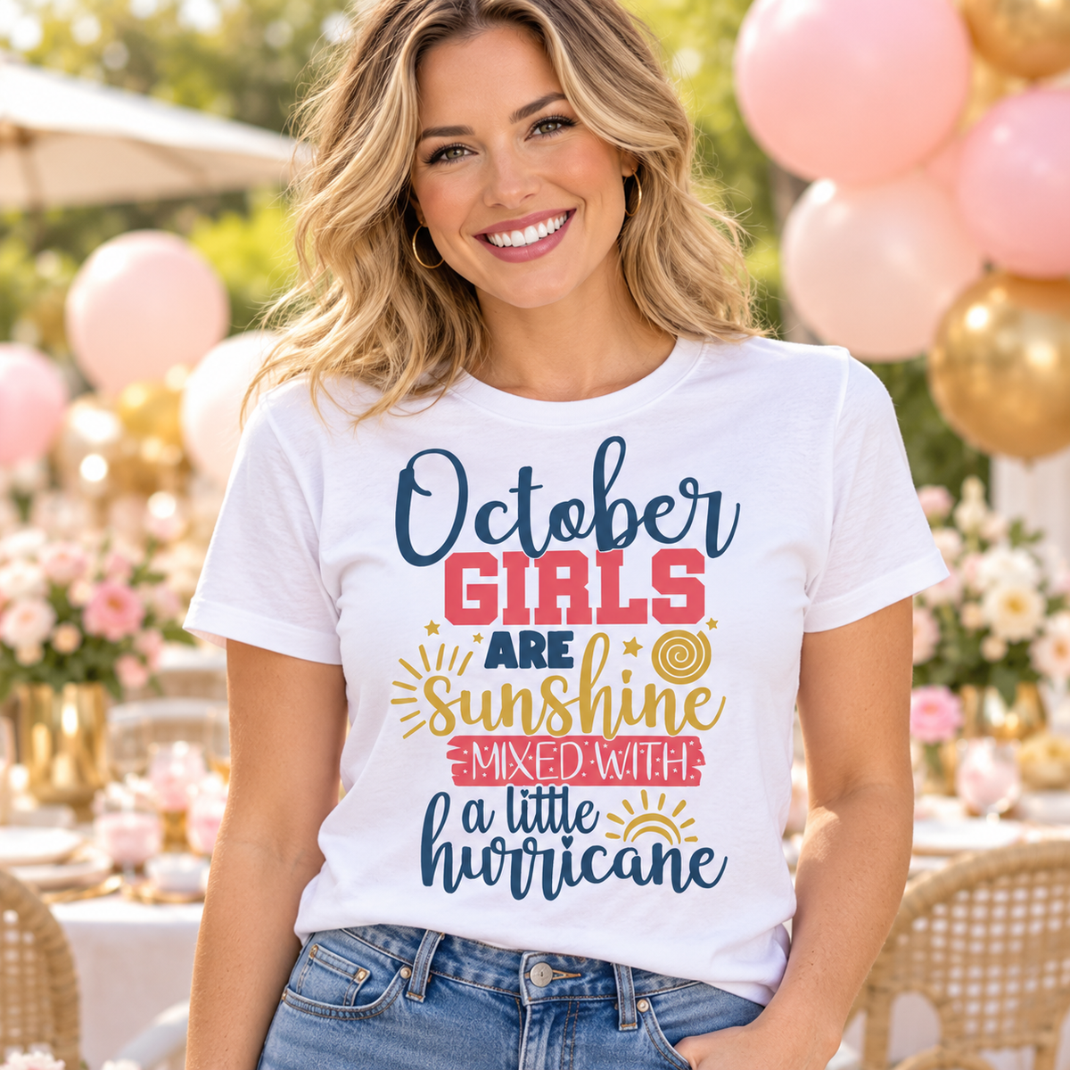 October Girls Sunshine & Hurricane Tee – Multicolor — white woman wearing the tee