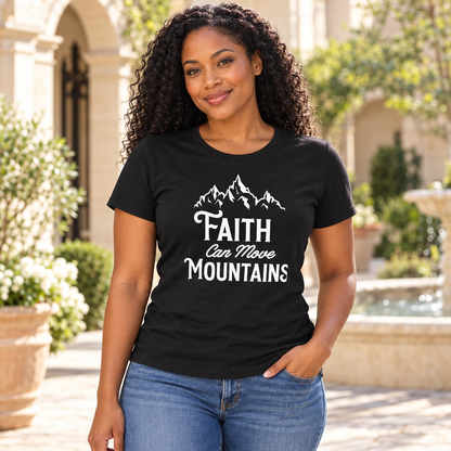 Faith Can Move Mountains Women's Tee — Black woman wearing the tee